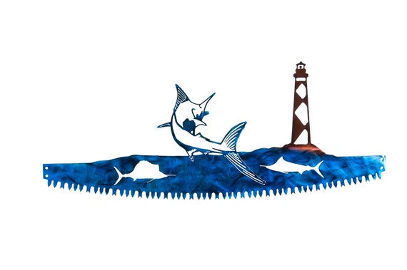 Blue Marlin & Hatteras Island Lighthouse  in Crosscut Saw Blade Indoor or Outdoor Metal Wall Art