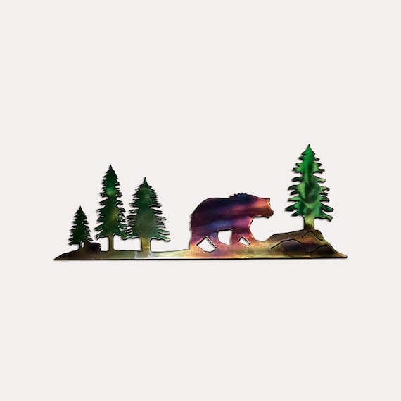 ear Metal Wall Art, Rustic Cabin Wildlife Decor, Bear and Pine Trees, Indoor Outdoor Metal Wall Art