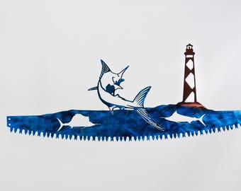 Blue Marlin & Cape Lookout Lighthouse Metal Wall Art on Crosscut Saw, Hand Finished
