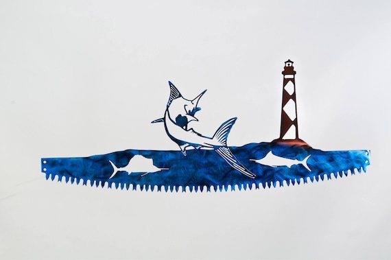 Blue Marlin w/ Cape Lookout Lighthouse  in Crosscut Saw Blade Indoor or Outdoor Metal Wall Art