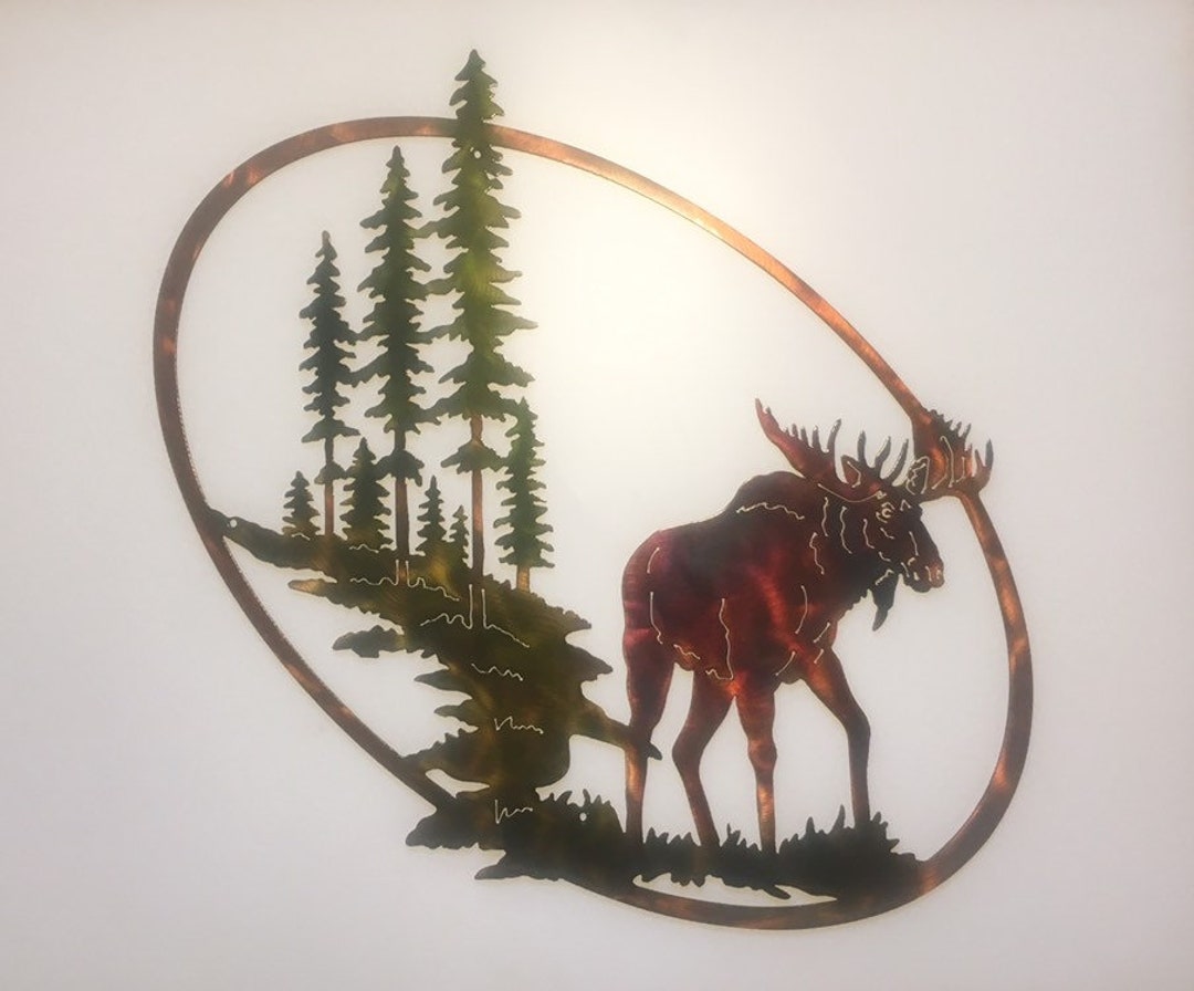 Moose, Trees, & Mountain Oval Wildlife Scene Metal Art 