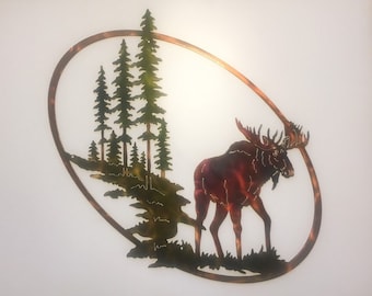 Moose, Trees, & Mountain Oval Wildlife Scene Metal Art