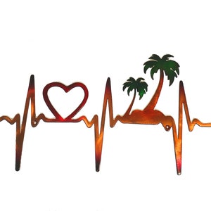 EKG Heartbeat Heart & Palm Trees Plasma Cut Indoor or Outdoor Metal Art