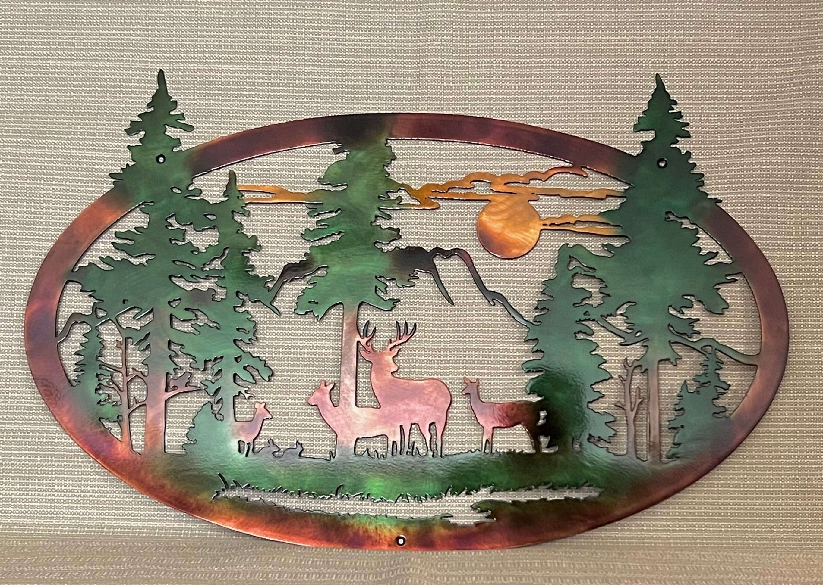 Wildlife Metal Art Sign Hanger Bracket 24 Inch | Black With Deer And Trees Cutout
