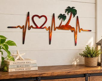 Palm Tree Heartbeat Metal Wall Art, Tropical EKG Sign, Beach Coastal Decor