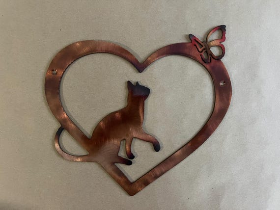 Cat In Heart With Butterfly Indoor or Outdoor Wildlife Metal Wall Art