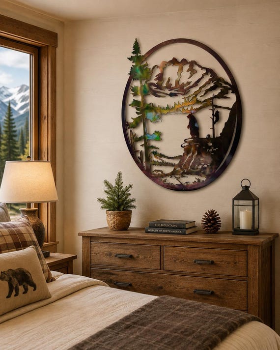 Bear and Cub Metal Wall Art, Mountain Wildlife Cabin Decor, Indoor Outdoor Rustic Lodge Wall Art