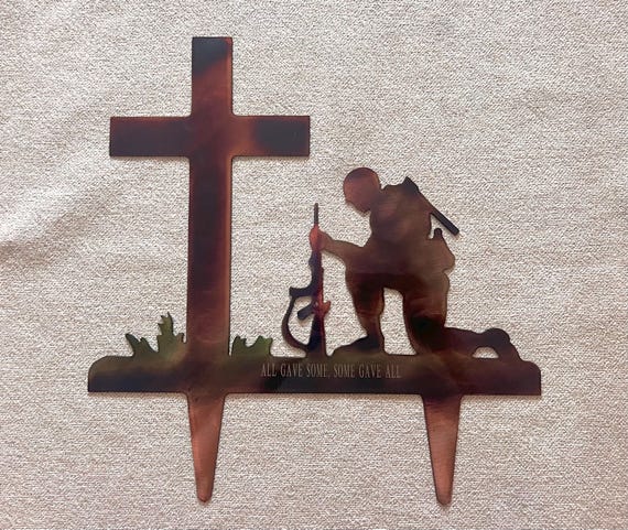Soldier Kneeling Before Cross Metal Wall Art W/ Patina Finish