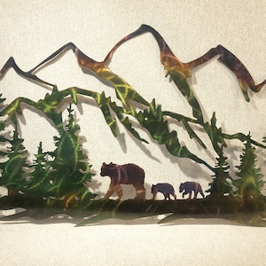 Bear And Cubs With Mountains Indoor & Outdoor Metal Wildlife Wall Art