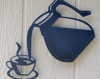 Coffee Pot Pouring Into Cup Plasma Cut Metal Wall Art