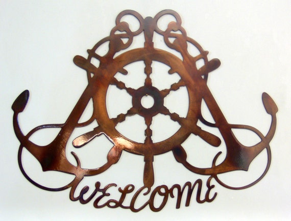 Ships Wheel & Crossed Anchors Nautical Metal Art Welcome Sign