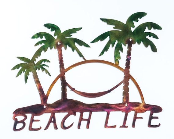 Beach Life Palm Trees Hammock Nautical Metal Indoor Or Outdoor Wall Art