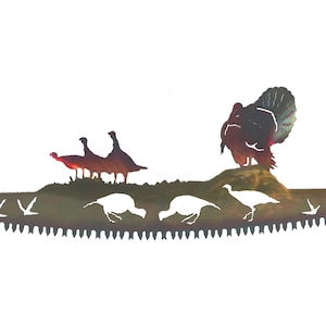 Wild Turkey Hen & Gobbler in Crosscut Saw Blade Customizable Indoor or Outdoor Wildlife Metal Wall Art