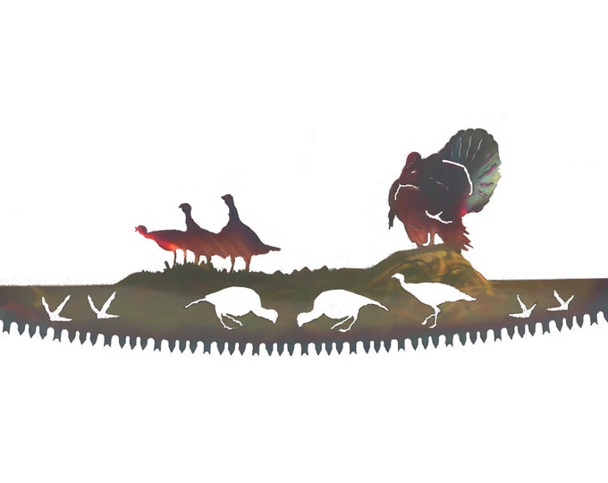 Featured listing image: Turkey Family Metal Wall Art on Crosscut Saw Blade, Handmade, Hand Finished