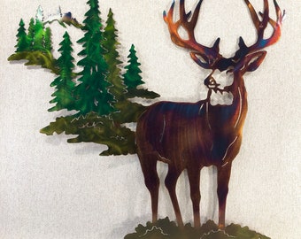 Buck Deer & Trees Wildlife Indoor Outdoor Plasma Cut Metal Wall Art
