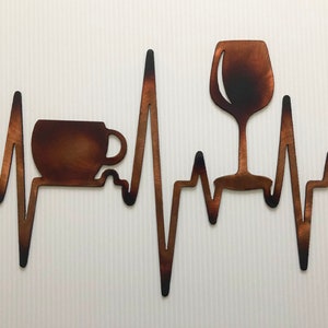 EKG Heartbeat Wine Glass & Coffee Cup Indoor Outdoor Kitchen Metal Wall Art