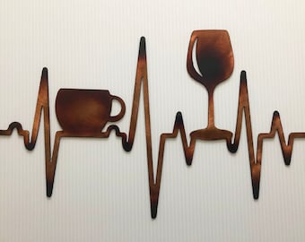 EKG Heartbeat Metal Wall Art: Wine Glass & Coffee Cup Decor