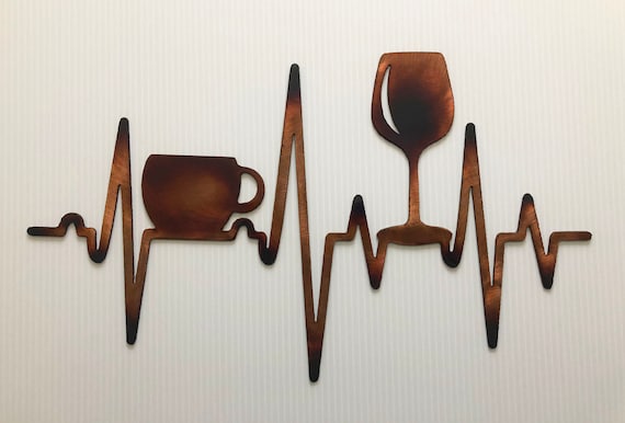 EKG Heartbeat Wine Glass & Coffee Cup Indoor Outdoor Kitchen Metal Wall Art