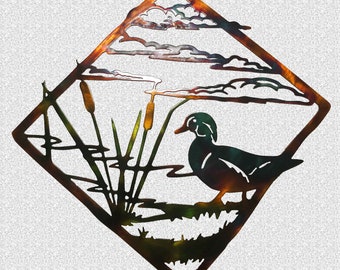 Wood Duck Diagonal Frame Plasma Cut Indoor Or Outdoor Wildlife Metal Wall Art