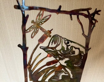Largemouth Bass After Dragonfly Indoor Or Outdoor Wildlife Metal Wall Art