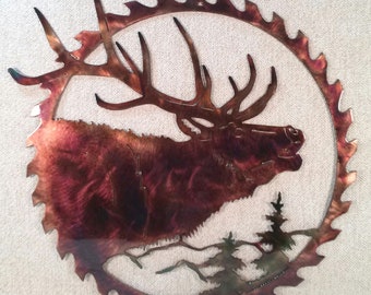 North American Elk In Sawblade Wildlife Metal Wall Art Indoor Outdoor
