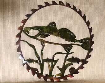 Speckled Trout In Sawblade Indoor Outdoor Wildlife Nautical Metal Wall Art