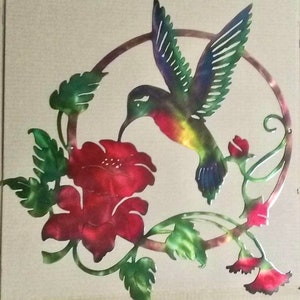 Hummingbird Feeding On Flowers Indoor Or Outdoor Metal Wall Art W/ Patina Finish