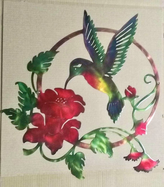 Hummingbird Feeding On Flowers Indoor Or Outdoor Metal Wall Art W/ Patina Finish