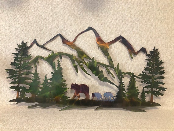 Bear And Cubs With Mountains Indoor & Outdoor Metal Wildlife Wall Art