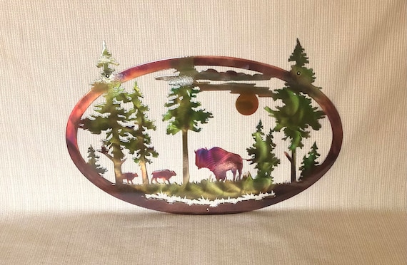 American Bison Buffalo And Mountains With Trees Indoor Or Outdoor Wildlife Metal Wall Art