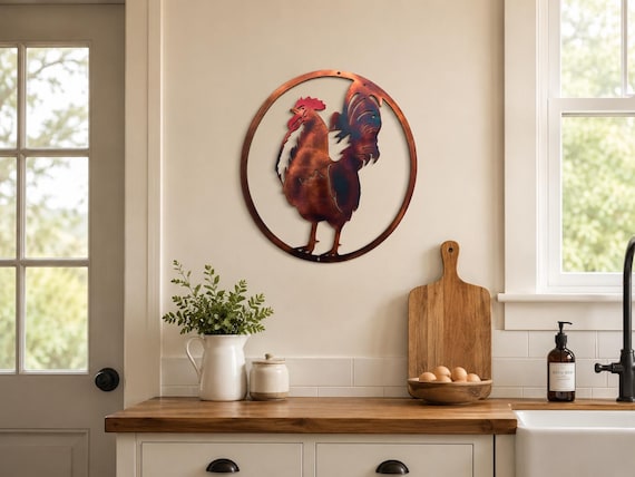 16" High Oval Rooster Metal Wall Art – Handcrafted Copper Patina Farmhouse Kitchen Decor
