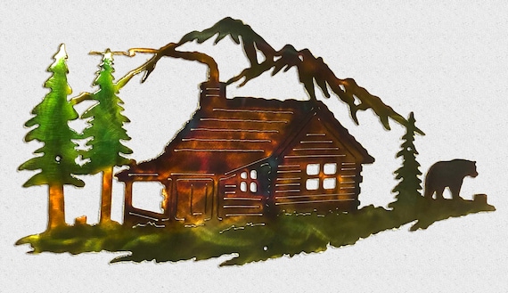 Mountain Cabin & Bear Indoor Or Outdoor Wildlife Metal Wall Art