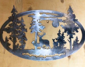 Whitetail Deer And Mountains With Trees Plain Unfinished Wildlife Metal Wall Art