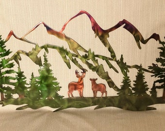 Whitetail Deer With Mountains Indoor & Outdoor Metal Wildlife Wall Art