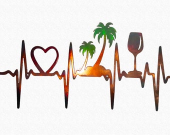 EKG Heartbeat Metal Wall Art: Palm Trees & Wine, Hand Patina Finish, 36"
