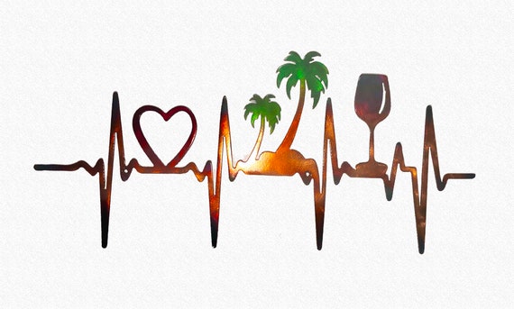 36" EKG Line Heartbeat Heart, Palm Trees & Wineglass Plasma Cut Indoor or Outdoor Metal Art