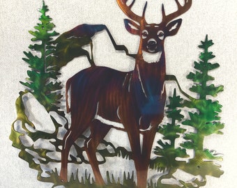 Whitetail Buck Deer & Mountain Wildlife Indoor Outdoor Plasma Cut Metal Wall Art