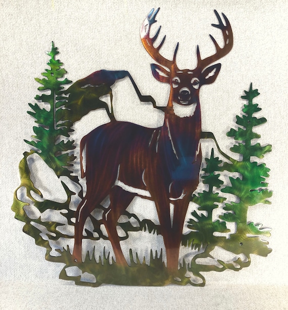 Whitetail Buck Deer & Mountain Wildlife Indoor Outdoor Plasma Cut Metal Wall Art