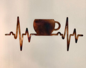 EKG Heartbeat Coffee Cup Plasma Cut Kitchen Metal Wall Art