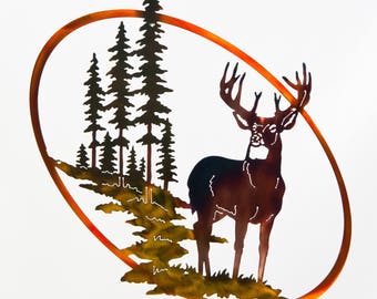Whitetail Buck, Trees, & Mountain Wildlife Oval Deer Scene Metal Art