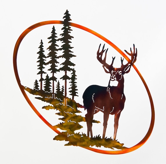 Whitetail Buck, Trees, & Mountain Wildlife Oval Deer Scene Metal Art