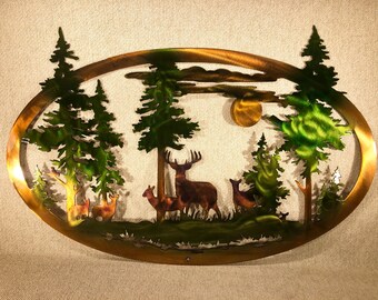 Whitetail Deer Or Bear And Mountains With Trees Indoor Or Outdoor Wildlife Metal Wall Art