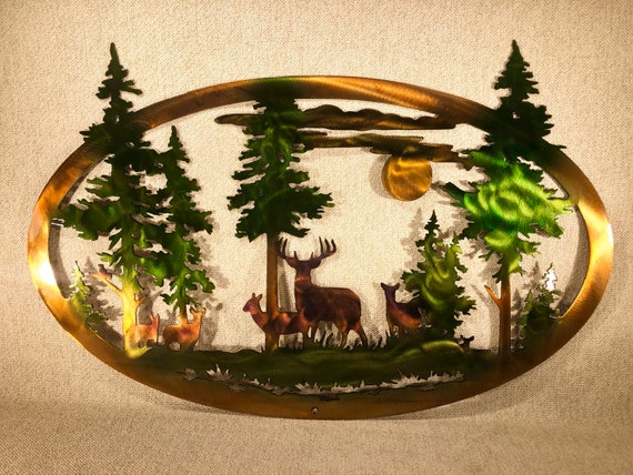Whitetail Deer Or Bear And Mountains With Trees Indoor Or Outdoor Wildlife Metal Wall Art