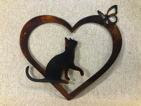 Cat In Heart With Butterfly Indoor or Outdoor Wildlife Metal Wall Art