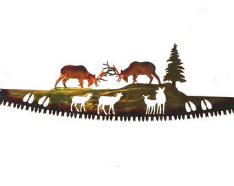 Crosscut Saw With Elk Fighting Hunting Lodge or Mountain Cabin Metal Wall Art