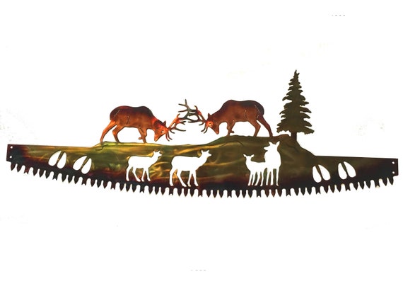 Crosscut Saw With Elk Fighting Hunting Lodge or Mountain Cabin Metal Wall Art