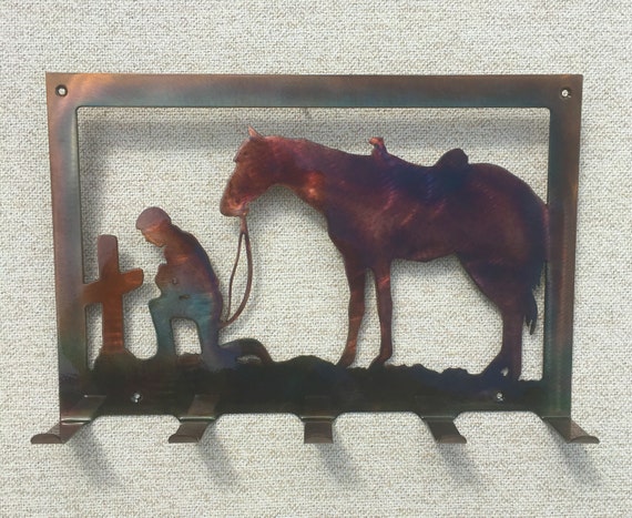 Cowboy & Horse Praying At Cross Metal Art Key Hanger