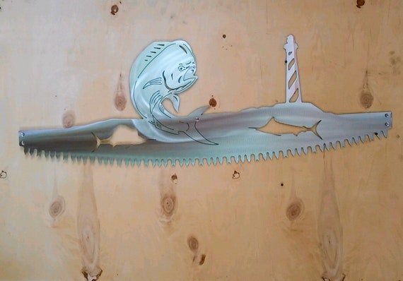 Mahi-mahi Dolphin Fish & Lighthouse in Crosscut Saw Blade Unfinished Nautical Metal Wall Art