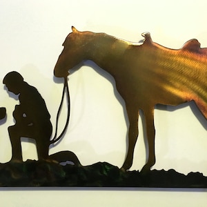 Cowboy & Horse Praying At Cross Indoor Or Outdoor Religious Metal Wall Art