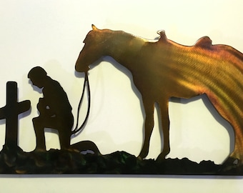 Cowboy & Horse Praying At Cross Indoor Or Outdoor Religious Metal Wall Art